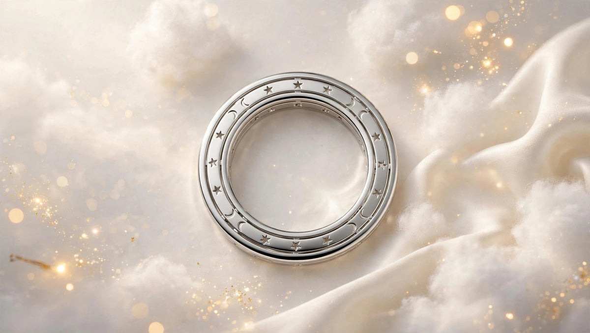A polished silver ring with engraved star motifs, displayed on a soft, white draped fabric background with glowing golden bokeh lights.
