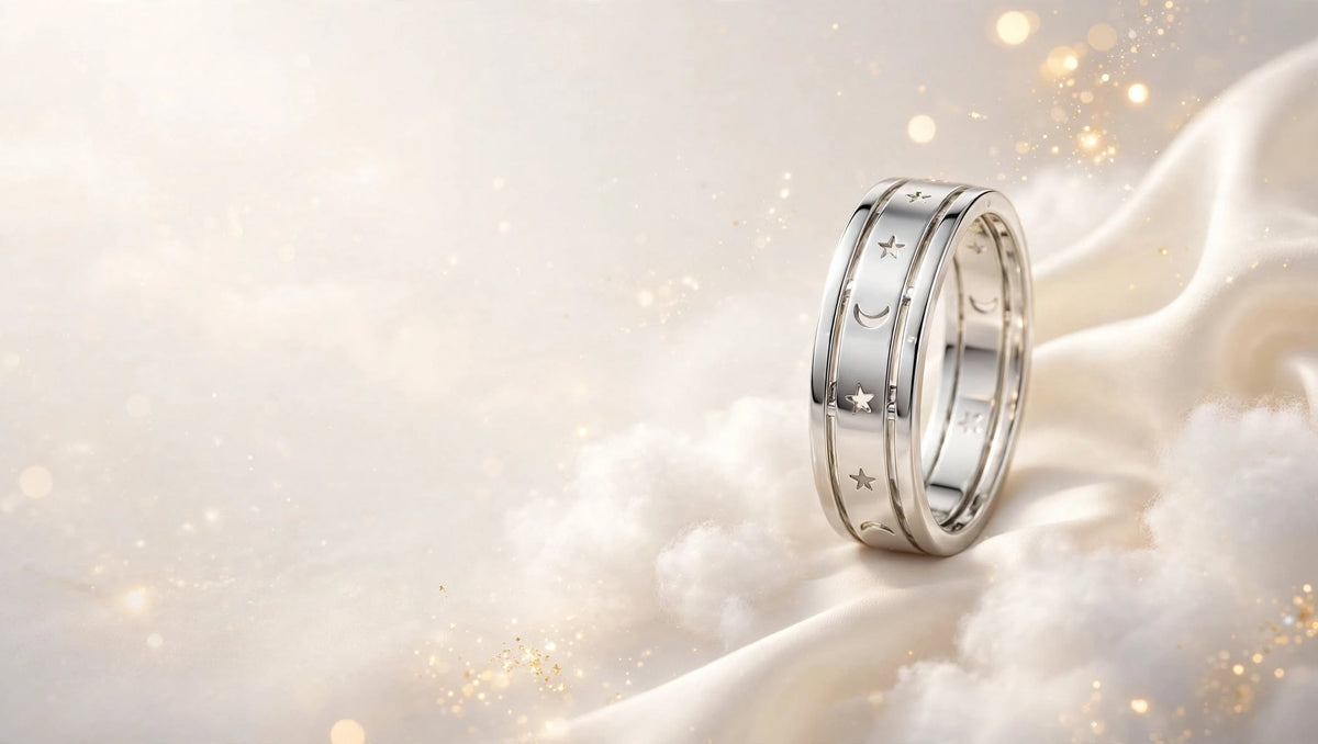 A polished silver band ring engraved with crescent moons and stars, resting on draped white satin fabric with soft golden bokeh lights.