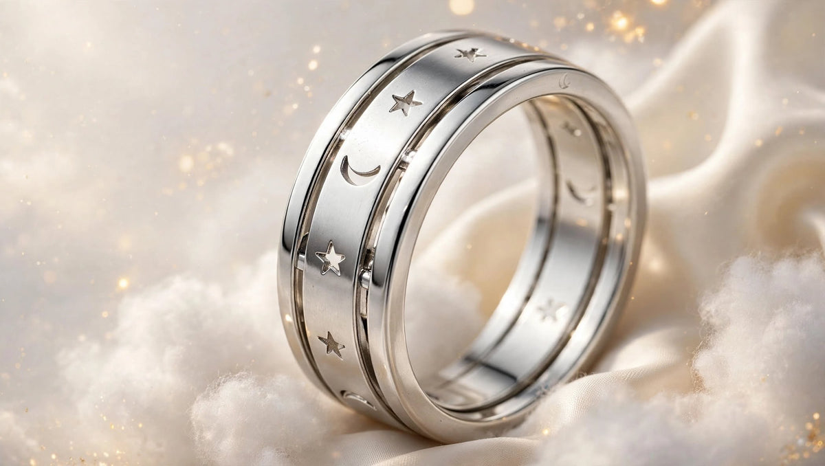 A polished silver-toned ring with engraved crescent moon and star motifs, resting on soft white fabric and clouds with a warm golden glow.