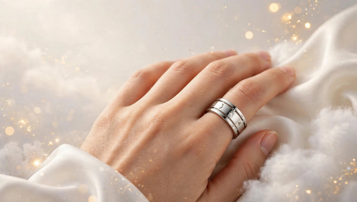 A silver band ring with engraved lettering worn on a person's ring finger, shown against a soft white fabric and fluffy white background with warm golden bokeh lights.